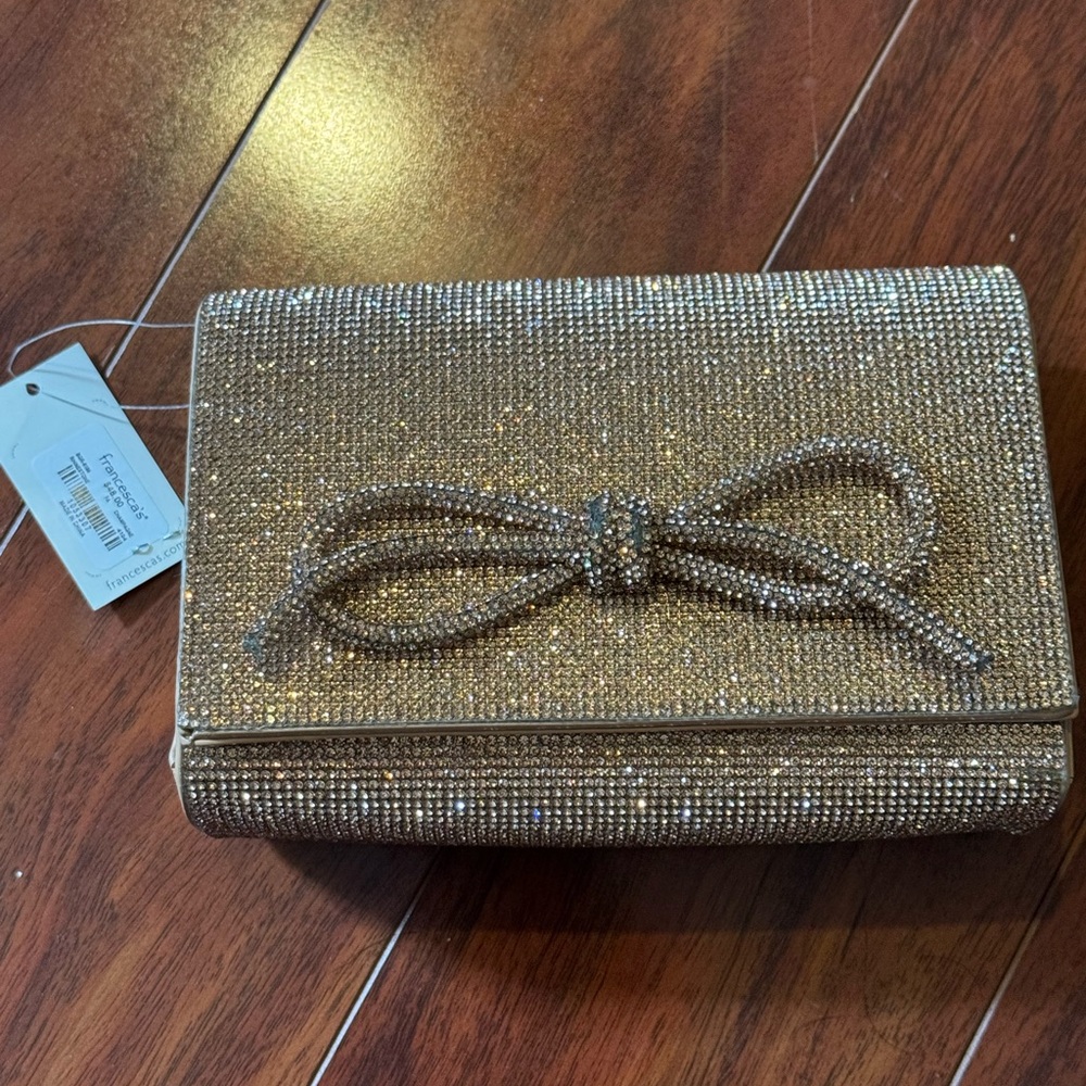 Francesca's Collections Glittering Rose Gold Bow Clutch